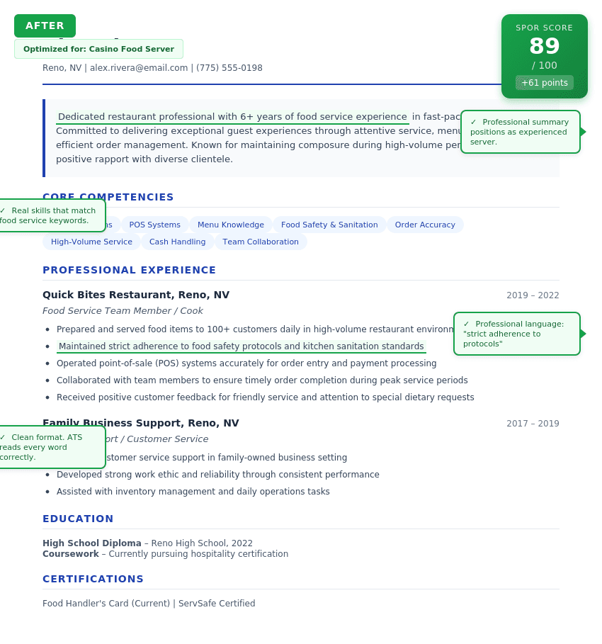 Alex R. optimized resume for Food Server