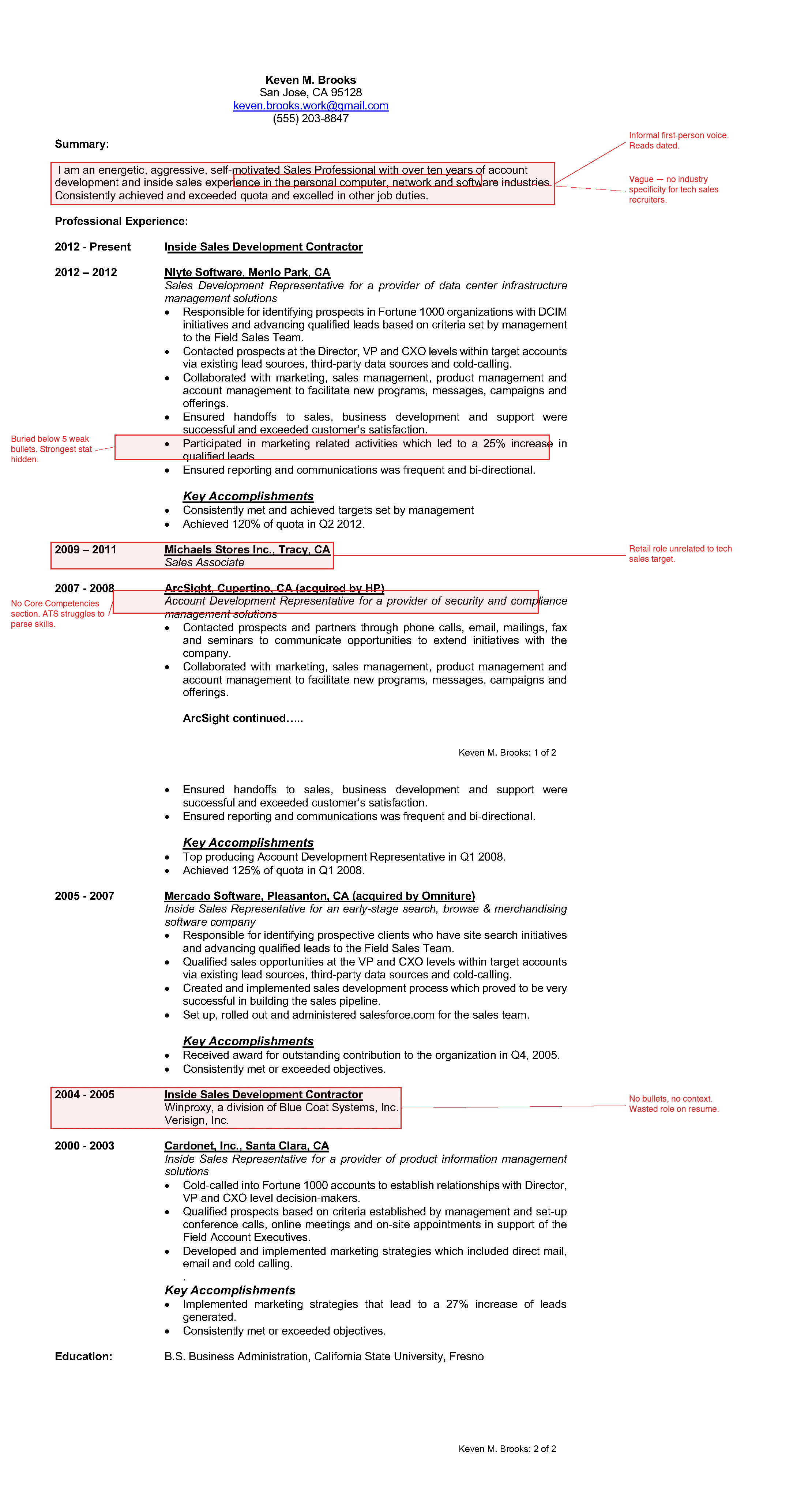 BEFORE: Keven M. Brooks's original résumé with red callouts marking problems for Tech Sales Specialist recruiters